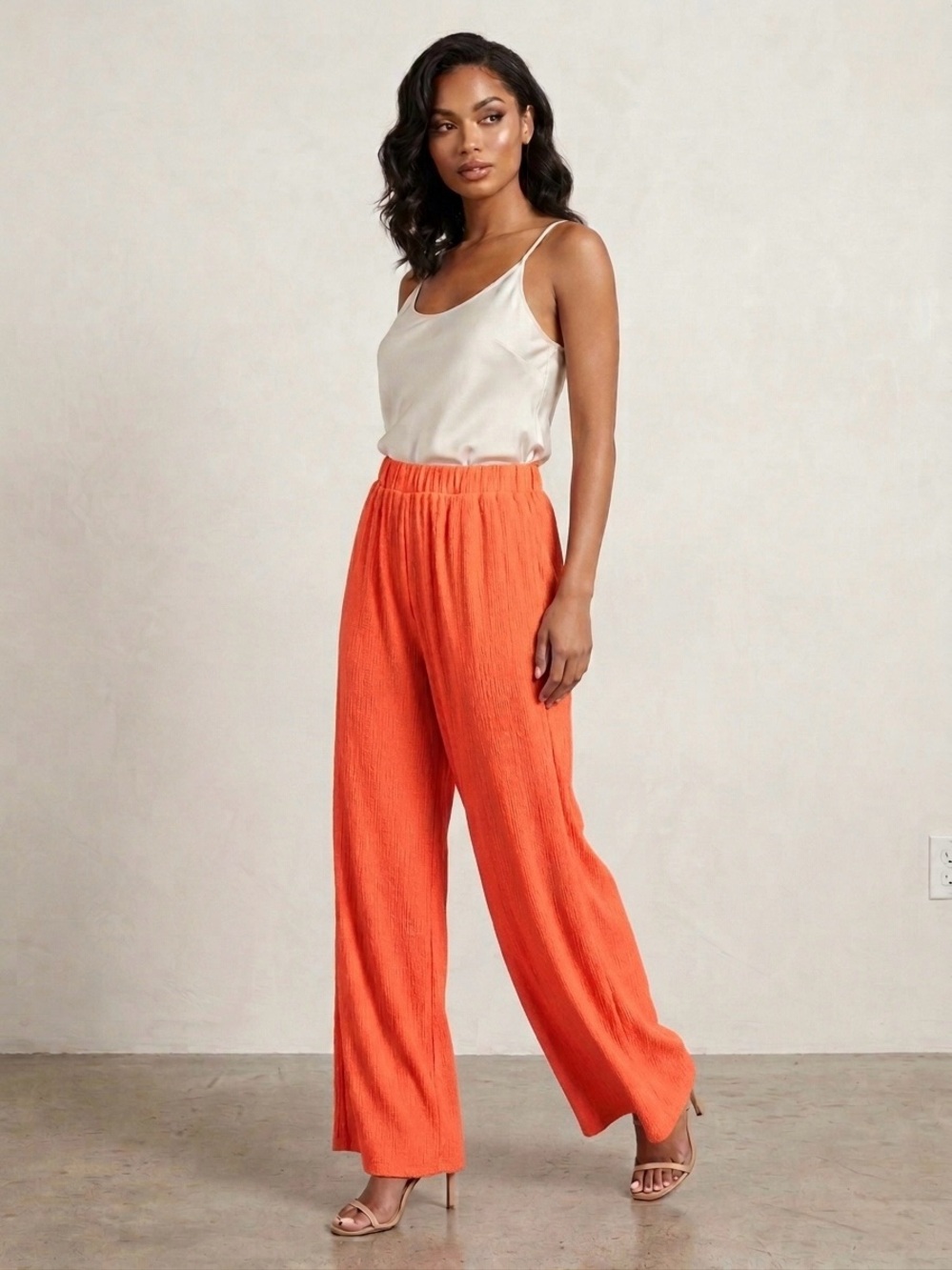 🧡✨NIP/NWT Lumiere “Textured Wide-Leg Pants w/ Elastic Waistband” Orange🍊 Large
